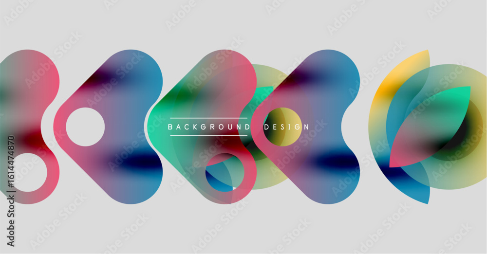 Poster abstract colorful blobs overlap, creating dynamic visual effect. light gray background provides neut
