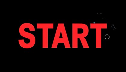 Red text "START" on black background with light blue sparkles