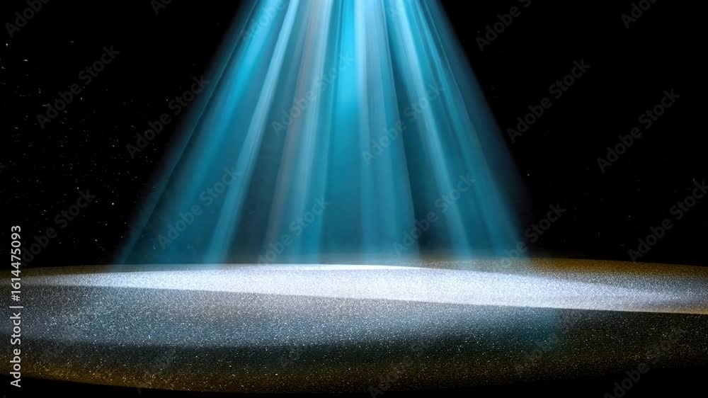 Poster light beams illuminate dark space, creating dramatic effect on surface with shimmering particles, ev