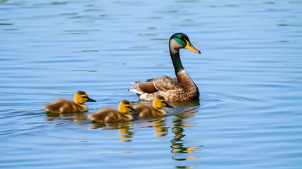 Mama duck leads ducklings across calm blue lake, cute, ducklings
