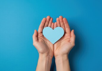 Fototapeta premium A pair of hands gently holding a light blue paper heart against a blue background