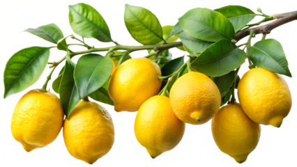 A closeup view of a lemon branch showcasing several ripe yellow fruits and lush green leaves isolated on transparent background