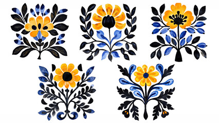 Folk Style Decorative Floral Patterns. Tribal Blue and yellow Watercolor Hand-painted Flowers and Leaves Design