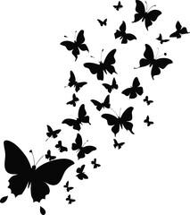 Black Butterflies Flying Upward in a Swarm on a White Background