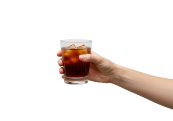 Hand holding a glass of iced beverage with ice cubes against a plain background