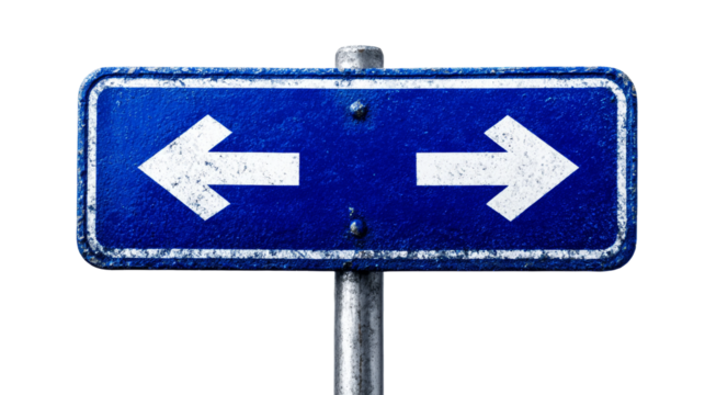 Blue road sign shows two horizontal arrows pointing in opposite directions.