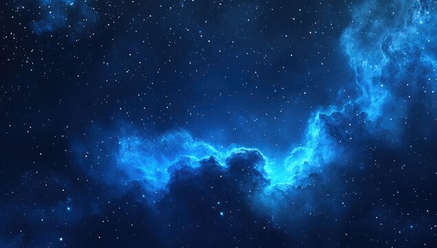 Deep space nebula.  Vast expanse of dark blue space filled with swirling, luminous blue nebula clouds.  Scattered, tiny white stars dot the background