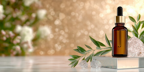 A luxurious amber essential oil dropper bottle with a gold cap, surrounded by fresh green leaves and clear crystals, set on a reflective surface against a sparkling gold bokeh background. 