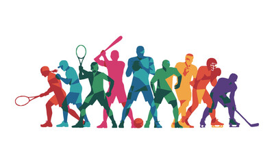 Modern vector illustration depicting a lineup of athletes representing different sports in a dynamic,  tennis, baseball, American football, soccer, basketball, boxing, and ice hockey, easily editable.