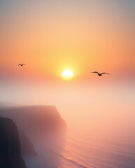 Iridescent colors over a soft dreamy atmosphere showing a sunset over a coastal cliff with soaring birds. Hazy, soft light with iridescent reflections creating a serene and ethereal ambiance.