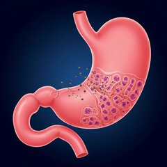 the stomach experiencing "leaky gut syndrome" at a microscopic level. The stomach wall is depicted with subtle gaps or increased permeability between the epithelial cells, allowing symbolic "toxins" (