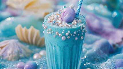 ice cream on a blue background with coral pearls glitter