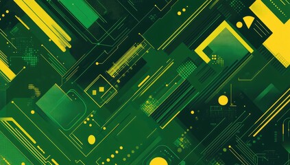 Abstract circuit board design, vibrant green and yellow lines and shapes