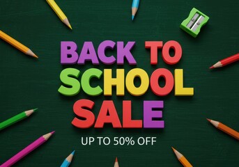 Back to school sale announcement with colorful letters and school supplies