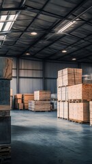A warehouse-style building shop with large stacks of plywood and concrete blocks, clean and professional composition, copy space, natural color, minimalism, stock photography