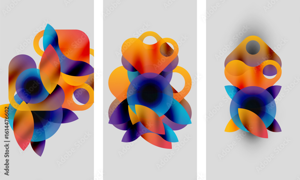 Poster abstract colorful shapes overlap. gradient hues blend, creating dynamic visual impact. modern art co