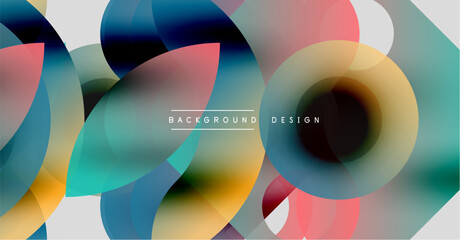 Fototapeta premium Abstract geometric shapes overlap, creating vibrant colorful background. Modern design utilizes gradients, curves, layers.
