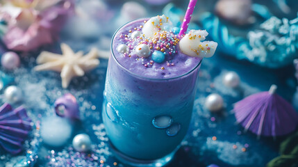 tropical cocktail in a glass with blue sea baground and pearls