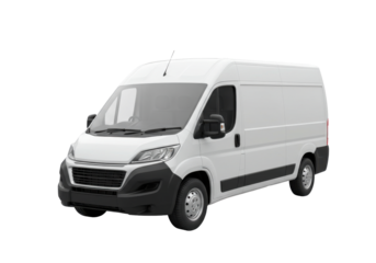 White delivery van parked on a city street with urban buildings in the background