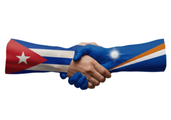 Hands shaking with Cuban and Marshallese flags painted on arms, symbolizing unity