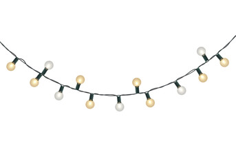 Decorative string lights illuminating a festive outdoor gathering at dusk