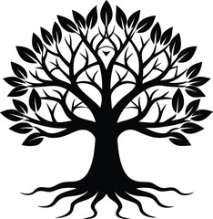 Black and White Silhouette of a Tree with Branches and Leaves