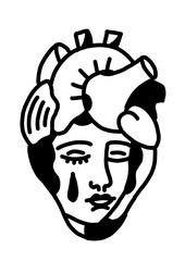 Mystical line art drawing of a crying face with a human heart element
