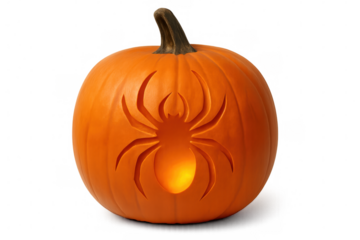 Halloween pumpkin carved with spider design emitting light on transparent background