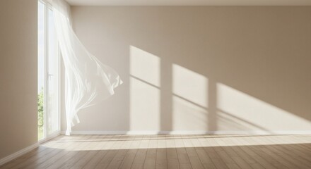 Sunlit Serenity Airy Curtains Dance in Empty Room.