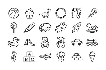 Toys Vector Icon Set. Play, kids toys, lollipop, teddy bear, balloons, cars, airplane, train, puzzle, rocking horse, drawing, and more. Editable stroke. Vector illustration.