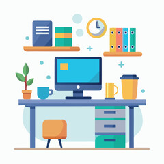 Modern office workspace with desk computer and coffee cup