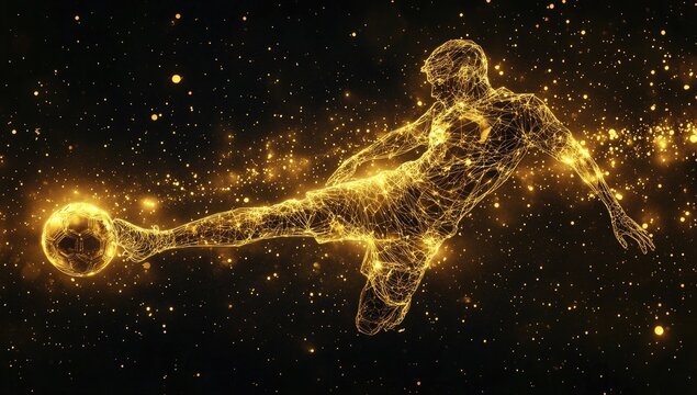 Golden soccer player in mid-kick, digital art