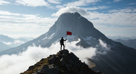 Summit Success Man plants flag atop mountain with clouds swirl, and victory.