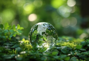 Crystal globe reflecting greenery, placed on lush moss with a soft, blurred natural background, creating a symbolic, serene, and visually captivating environmental scene.