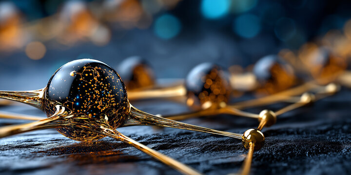 A sophisticated and futuristic abstract of interconnected black and gold spheres, resembling a molecular structure or network, with glowing internal lights. Ideal for themes of technology, science, lu