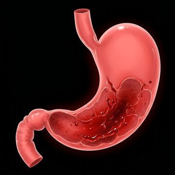 a stomach with a severe gastric hemorrhage (bleeding).  The stomach wall itself shows signs of irritation and inflammation around the bleeding site. 