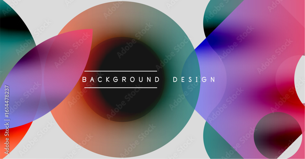 Poster abstract circles overlap, creating vibrant color gradients. text reads background design centered wi