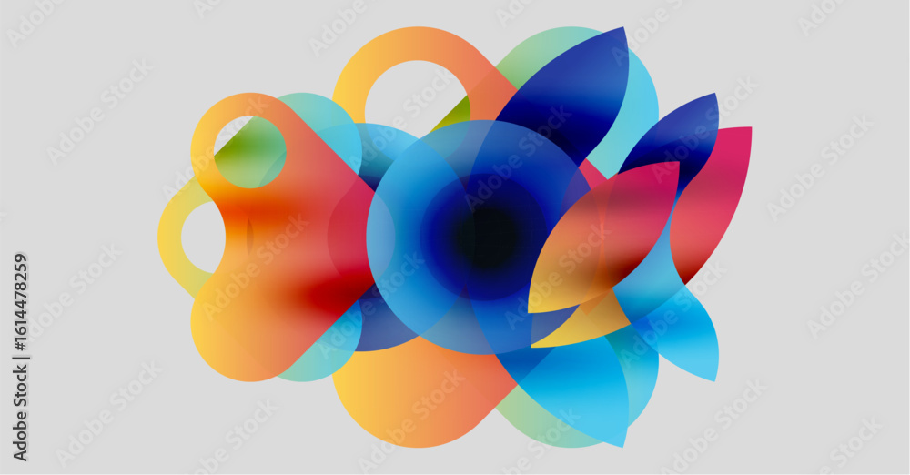 Poster abstract colorful shapes overlap, creating vibrant visual effect. soft gradients blend hues, forming