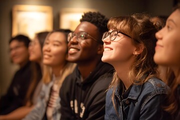 Fototapeta premium A group of young adults, smiling and enjoying a presentation in a dimly lit room.