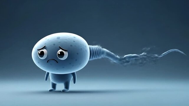Anxious Sperm Cell: A dejected cartoon sperm cell stands with a wistful expression, rendered in photorealistic detail. The animated character conveys a sense of sadness.
