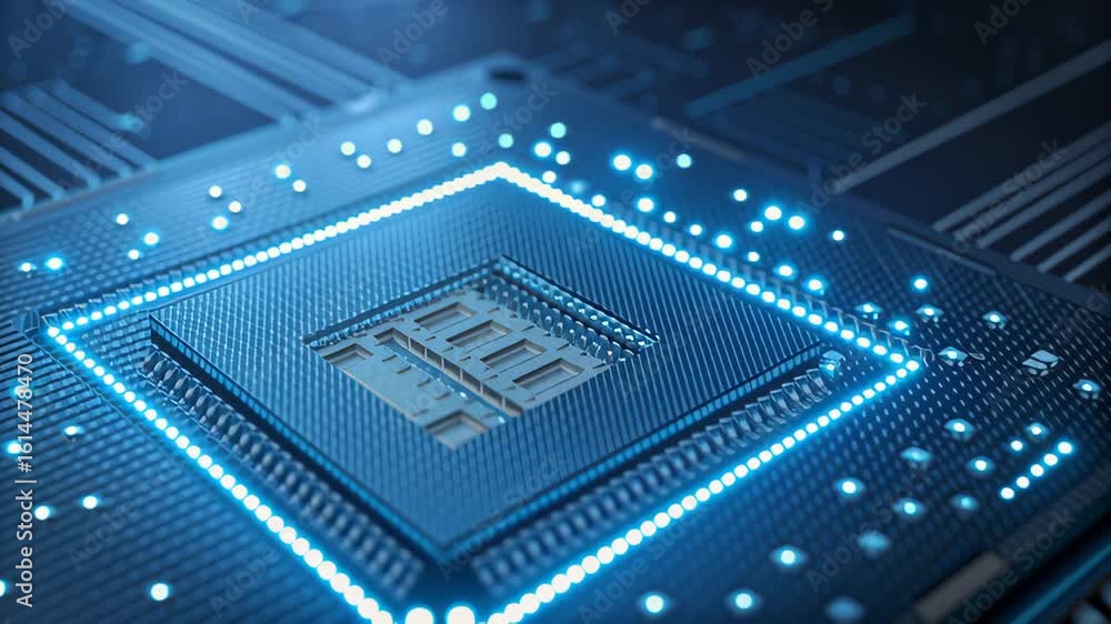 Poster close-up view of microchip on circuit board with glowing details