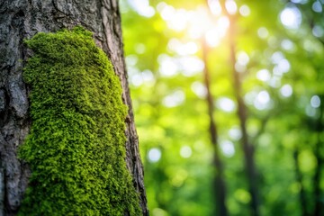 Obraz premium Tree trunk with bright green moss, bathed in sunlight against a soft, blurred forest background, creating a warm, serene, and visually captivating woodland scene.