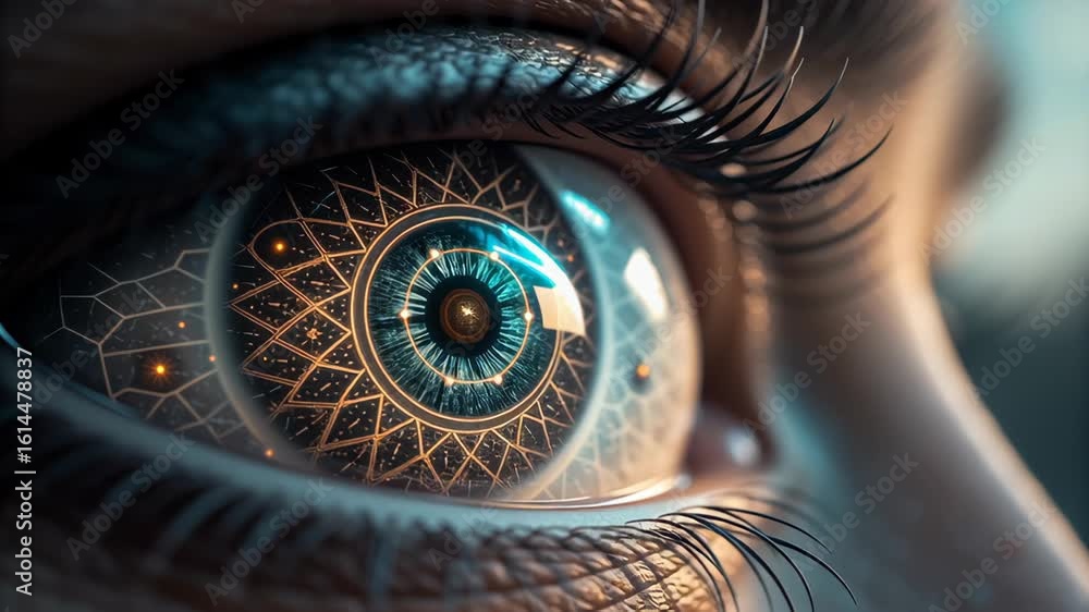 Poster close-up of intricate eye design with geometric patterns and light
