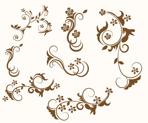 Elegant Brown Floral Ornament Set with Vines and Flowers on White Background