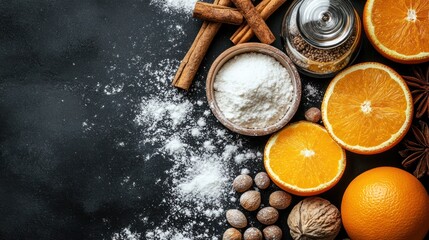 Festive baking ingredients on dark background