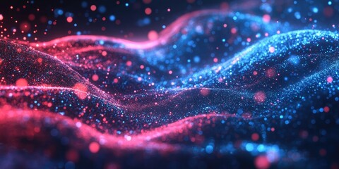 Abstract digital wave forms with glowing particles in vibrant pink and blue