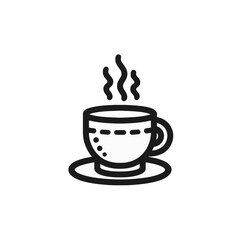 A simple black line icon of a hot cup of coffee or tea on a saucer with steam rising.