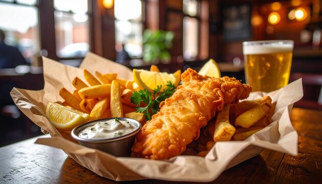 4K close-up image of British fish and chips served with tartar sauce and lemon, on parchment paper in a classic pub setting with warm lighting