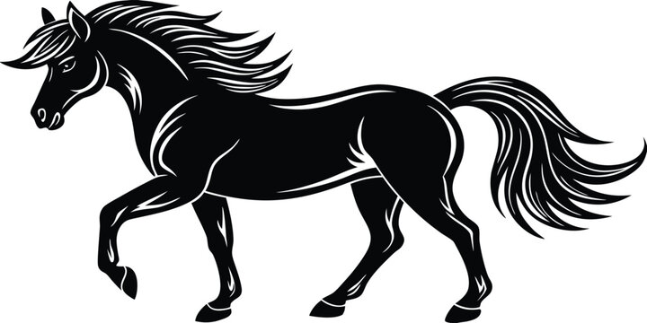 Elegant Black Horse Silhouette with Flowing Mane and Tail Illustration