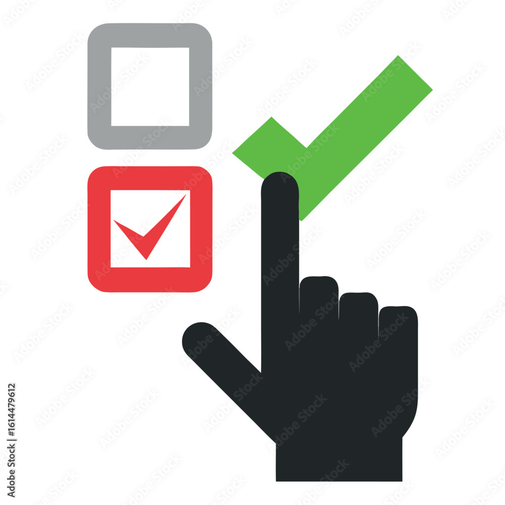 Poster realistic hand cursor selecting a checkbox with a realistic checkmark